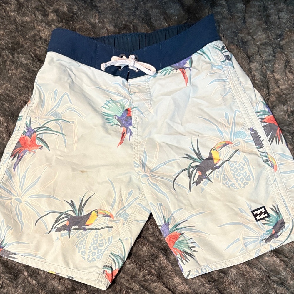 Billabong Light Blue Swim Trunks with Tropical Toucan Print